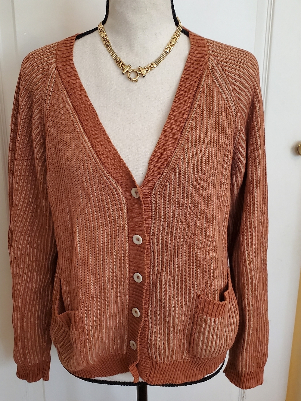 Mabli rust & orange ribbed V-Neck Cardigan sz 12